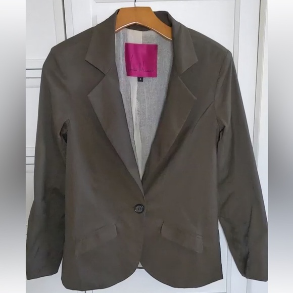 NWOT Heidi Merrick Khaki Blazer Elbow Patches Vegan Leather Trim Size 4 - Picture 3 of 15